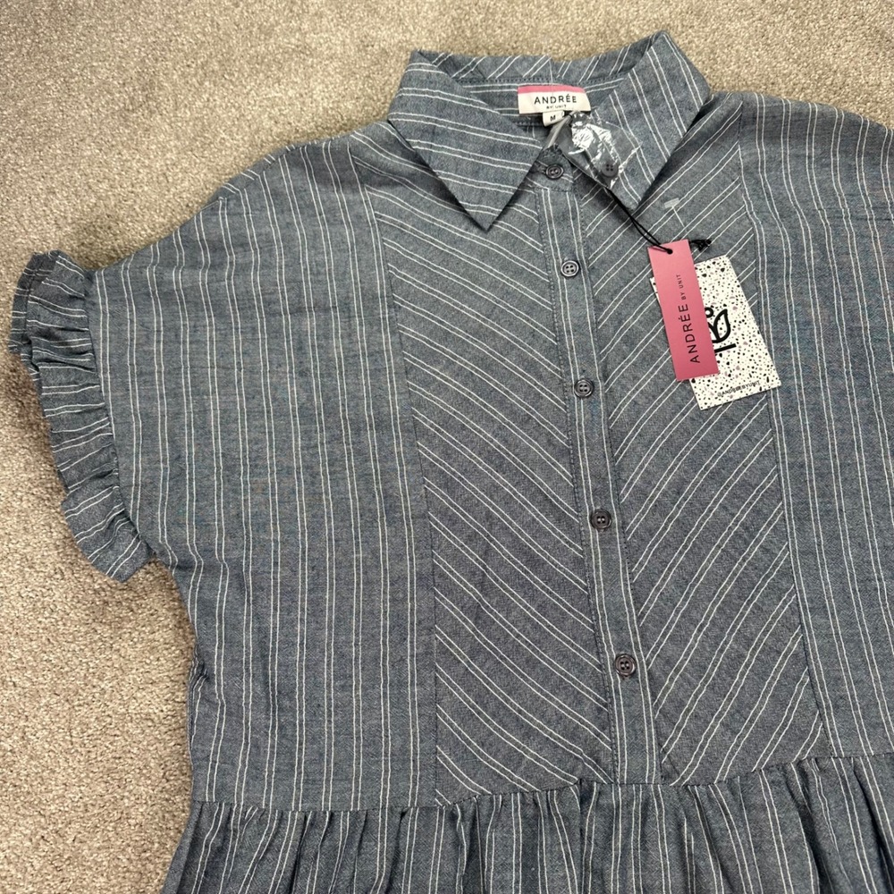 Andree by Unit Striped Shirt Dress Ruffle Sleeve‎ Medium Collared Blue